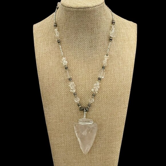 Genuine Rock Crystal Arrowhead Pendant Beaded Necklace Toggle Clasp 18" Length - Picture 1 of 6